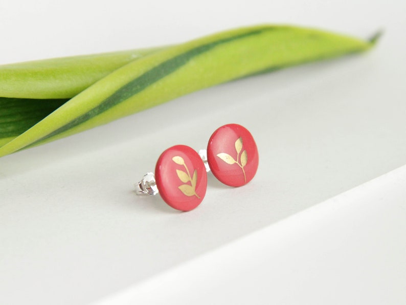 Stud earrings, Red, Golden leaf image 5