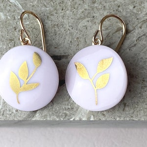 Green Porcelain pendent earrings, gold leaf image 2