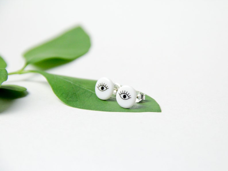 Stud earrings, snow-white porcelain, Black eyes image 4