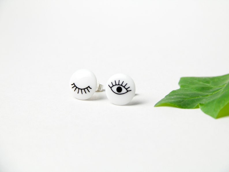 Stud earrings, snow-white porcelain, Black eyes image 6