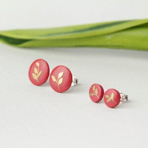 Stud earrings, Red, Golden leaf image 2