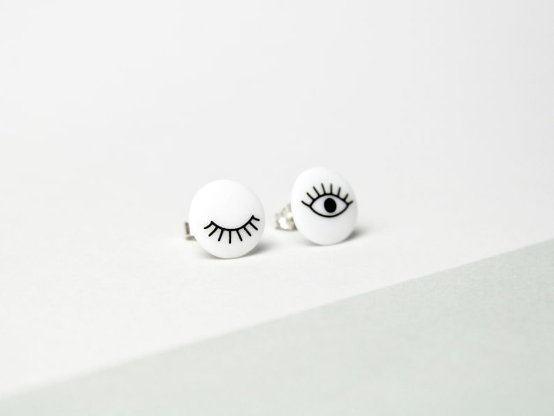 Stud earrings, snow-white porcelain, Black eyes image 1