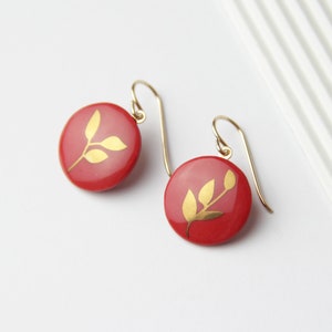 Red Porcelain pendent earrings, gold leaf image 3