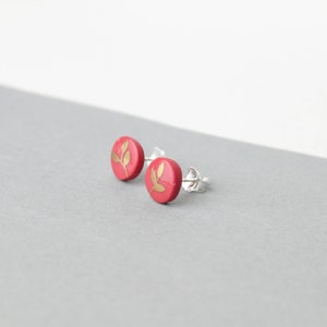 Stud earrings, Red, Golden leaf image 4