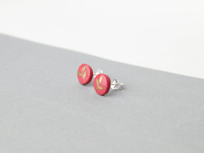 Stud earrings, Red, Golden leaf image 4