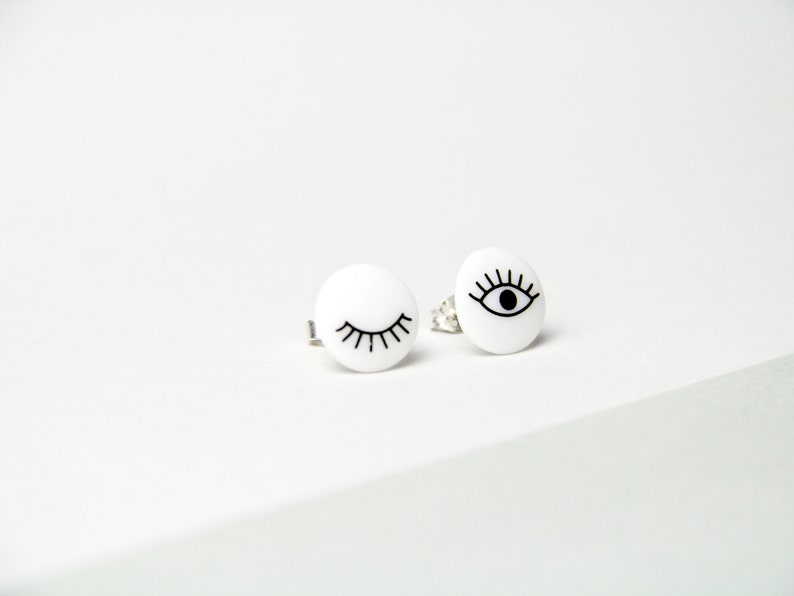 Stud earrings, snow-white porcelain, Black eyes image 5