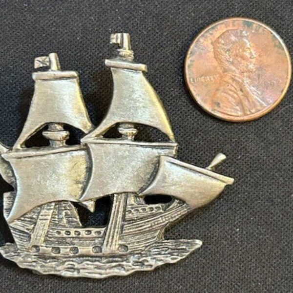 Vintage Pewter Ship Pirate Mayflower Brooch Pin Jewelry, Boat, Sea, Ocean