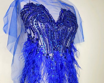 Royal blue Rhinestone bodice with ostrich feathers | Rhinestone applique | Crystal bead applique for prom, wedding, couture