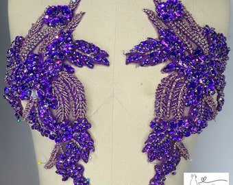 Purple Rhinestone applique | Crystal and rhinestone applique | Rhinestone mesh applique for prom, wedding, couture