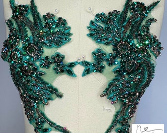 Hunter Green  Rhinestone applique | Crystal and rhinestone applique | Rhinestone mesh applique for prom, wedding, couture