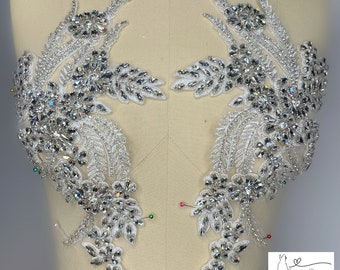 Silver Rhinestone applique | Crystal and rhinestone applique | Rhinestone mesh applique for prom, wedding, couture