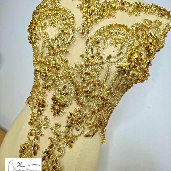 Gold rhinestone bodice applique | Crystal bead applique | Rhinestone mesh applique for prom, wedding, couture