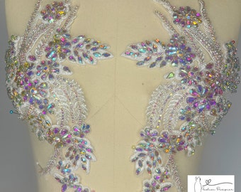 Iridescent silver Rhinestone applique | Crystal and rhinestone applique | Rhinestone mesh applique for prom, wedding, couture