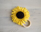 sun flower teether for babies, crochet eco friendly yellow and brown teething toy with natural wooden ring, unique handmade baby shower gift