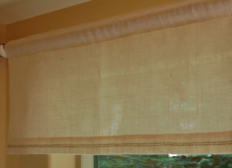 Burlap Window Valance in white or ivory color 14 inches tall /& custom width with hand embroidered hem in custom color 64/'/' to 92/'/' width