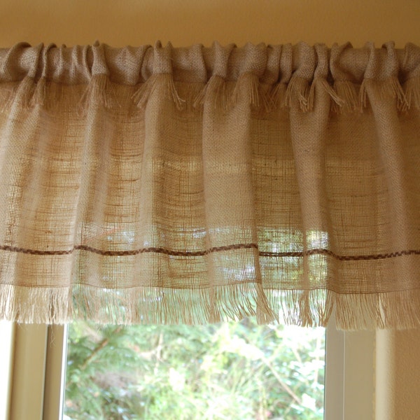 Rustic chic natural burlap window valance 12'' tall with custom color jute embroidery. Custom width available