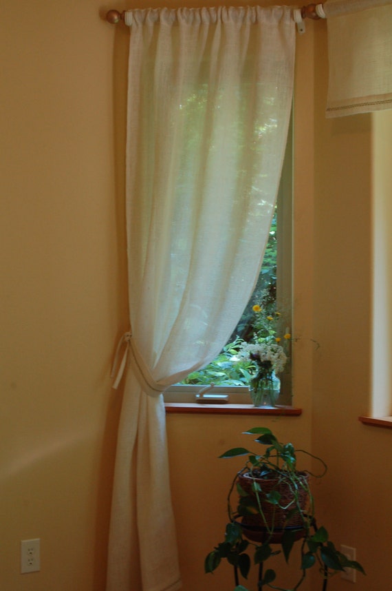 40 Inches Wide White Burlap Window Curtain Panel With Hand Image 0