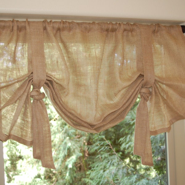 Rustic Chic, Burlap Valance in Natural , Ivory or White with Ties. Adjustable Height. Custom Sizes Available.