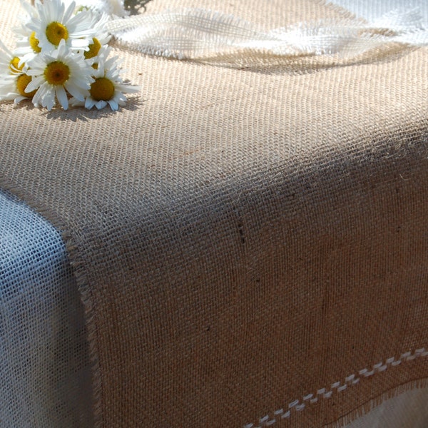 Natural burlap table runner with fringe and custom embroidered edge Rustic chic table decor custom sizes available