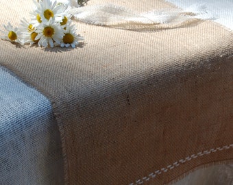 Natural 100% jute Burlap Table Runner With Fringe and Hand Embroidered Edge.Custom Sizes Available