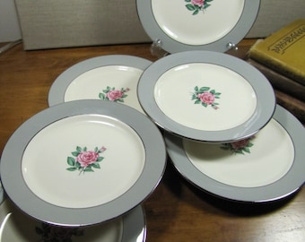 4 Pieces Vintage Pink Rose and Platinum Trim China Elegant Dinnerware CTSI Brittany Rose Made In Japan Bowl Teacup Saucer Bread Plate