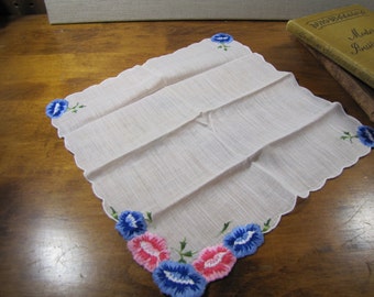 Vintage Ladies Handkerchief - Embroidered Flowers in Pink and Blue