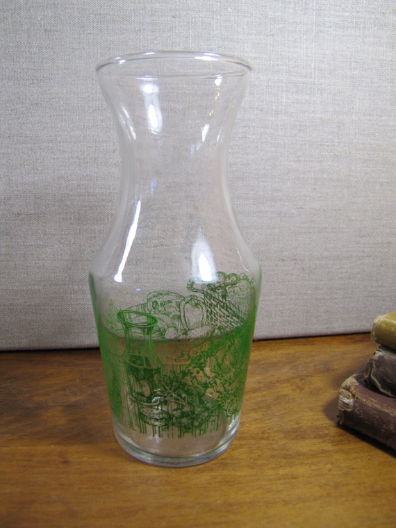 Small Glass Carafe Green Embossed Vegetables Dressing Mixing Jar