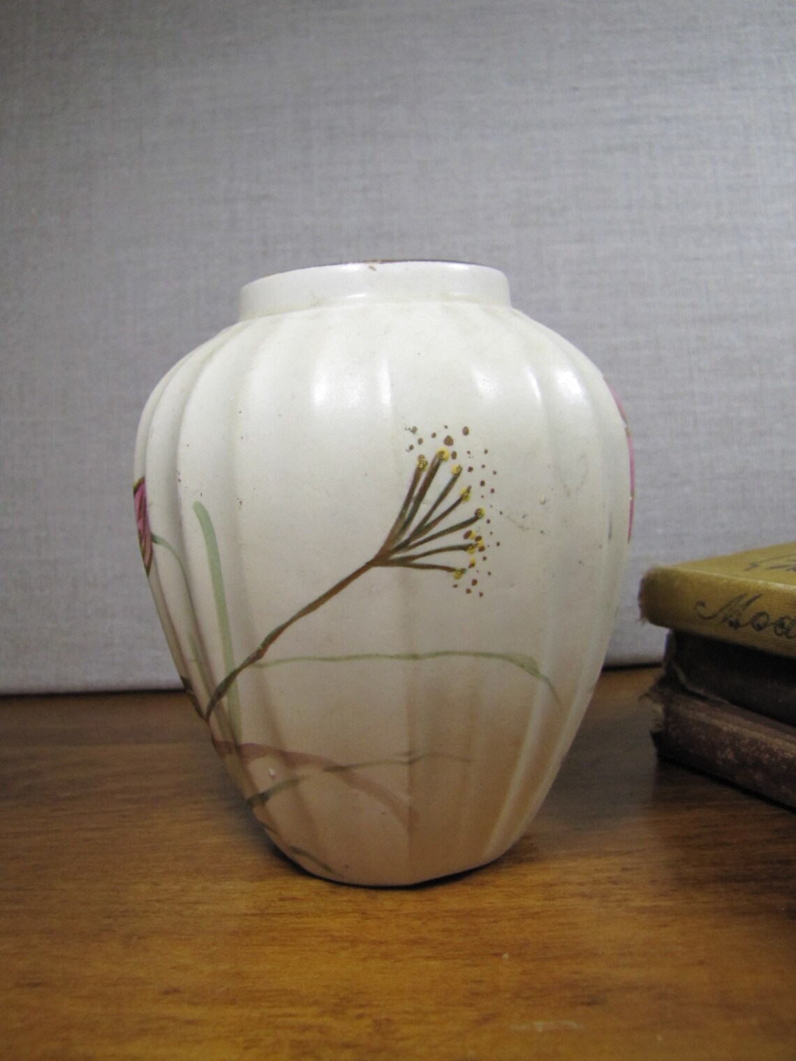 Ginger Jar Shaped Vase Ribbed Sides Cream Colored Pink Etsy