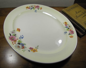 Vintage Paden City Pottery - Large Oval Serving Platter - Pink, Orange, Blue and White Flowers - Wide Lip