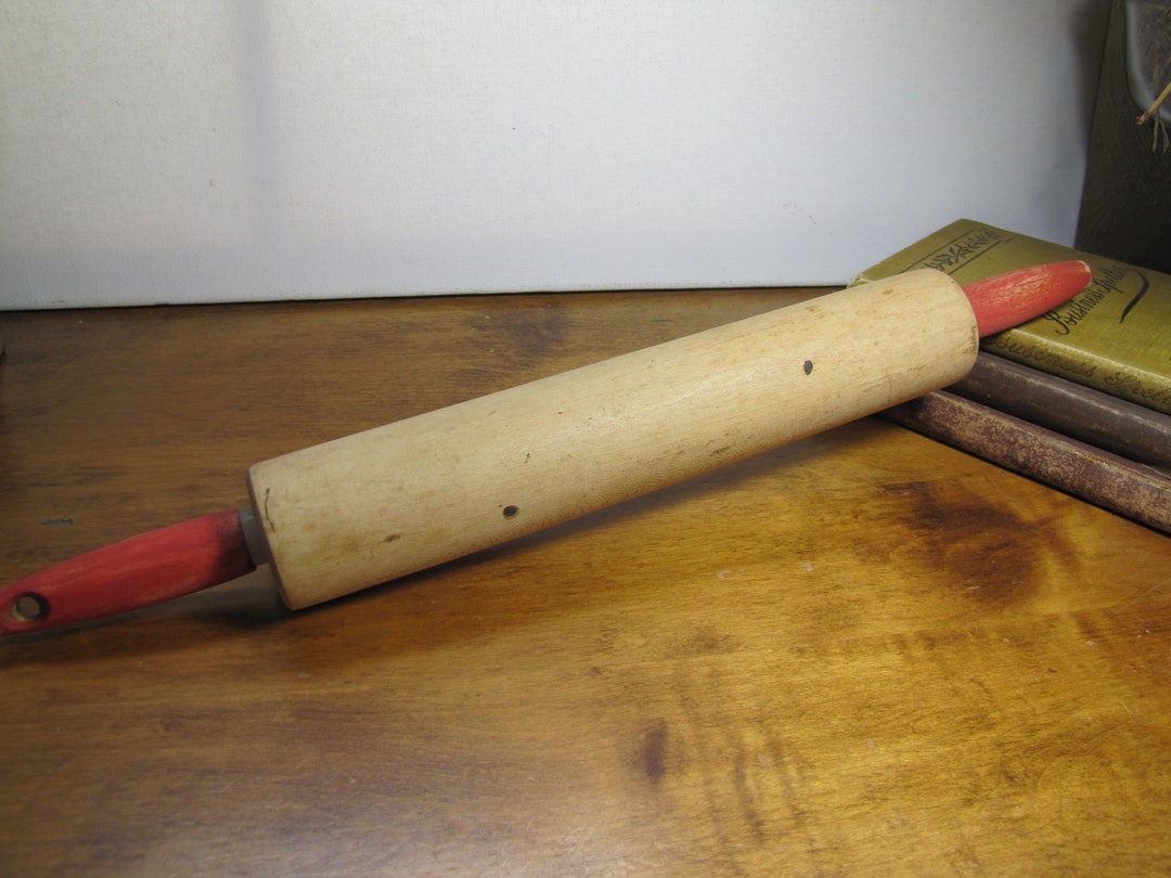 Vintage Wooden Rolling Pin Red Handles Etsy