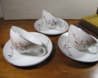 Three (3) Sets - Cherry Blossom Fine China - Teacups and Saucers