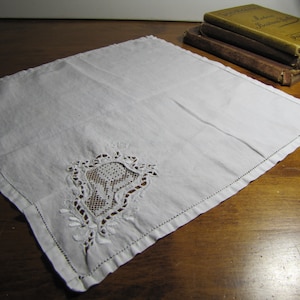 Vintage Ladies Cotton Handkerchief - Embroidered and Lace Insert Corner Decoration - Monogrammed LBT - Creamy White Color