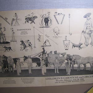 May include: A black and white illustration of a children's carnival and circus. The illustration features a variety of animals, including dogs, cats, and a horse. The text reads "DASHINGTON'S ANIMAL NOVELTY" and "CHILDREN'S CARNIVAL and CIRCUS Thursday Afternoon, July 26, 1928 under the auspices of THE RAVINIA CLUB".
