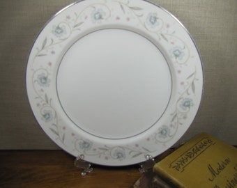 English Garden Fine China Dinner Plate - Blue and Pink Flowers - Gray Leaves - Gold Accent