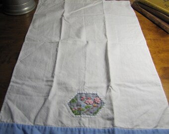 Cotton Tea Towel - Blue Border - Embroidered and Applique Inset