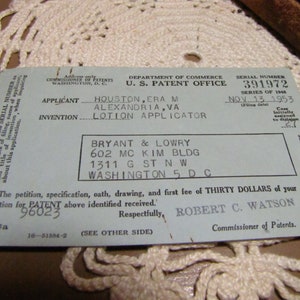 Vintage Ephemera - U.S. Patent Office Application - Lotion Applicator - Filing Date:  November 13, 1953