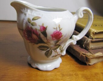 Small Porcelain Creamer - Pink Rose and Rosebud Pattern - Gold Accent