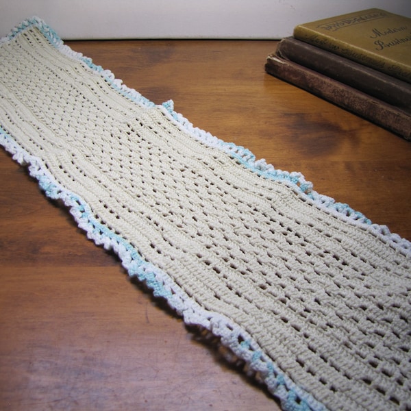 Narrow Crocheted Table Runner - Cream Color - Variegated Blue and White Edging