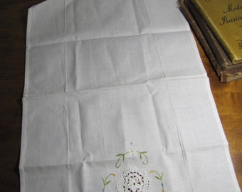 Vintage Embroidered Cotton Tea Towel - Crocheted Insert