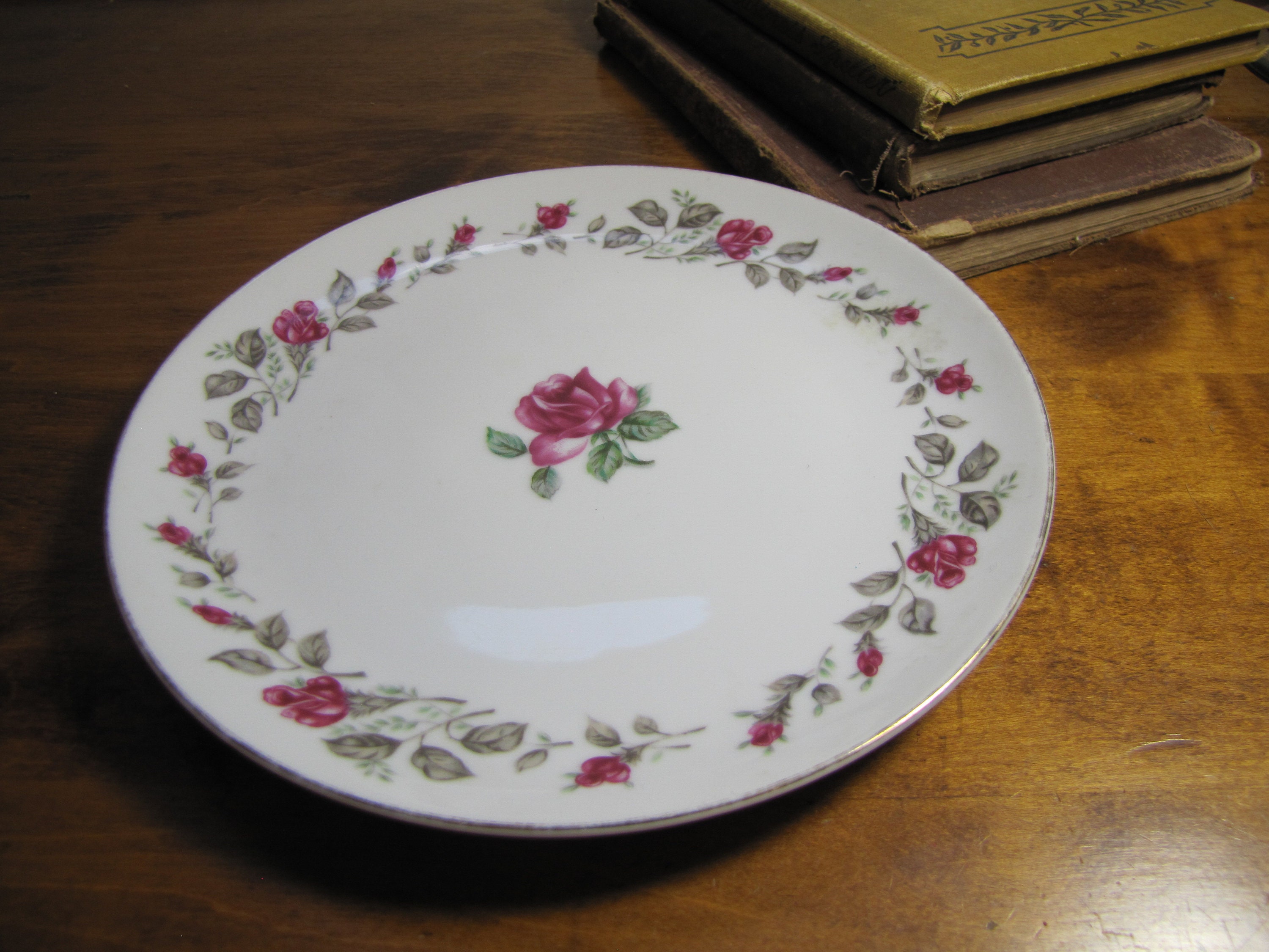Diamond China - Moss Rose Pattern - Salad Plate - Dark Pink Roses