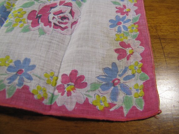 Vintage Ladies Handkerchief - Pale Red Border - P… - image 3