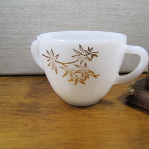 Double Handle Milk Glass Sugar Dish - Gold Accent Leaves