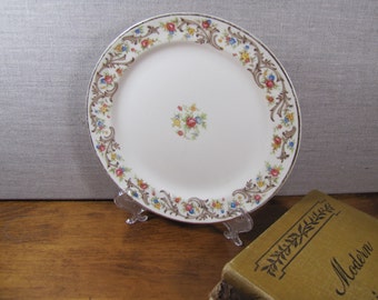 Taylor Smith Taylor - Dessert Plate - Pink, Blue and Yellow Flowers - Brown Scrolls - Gold Accent