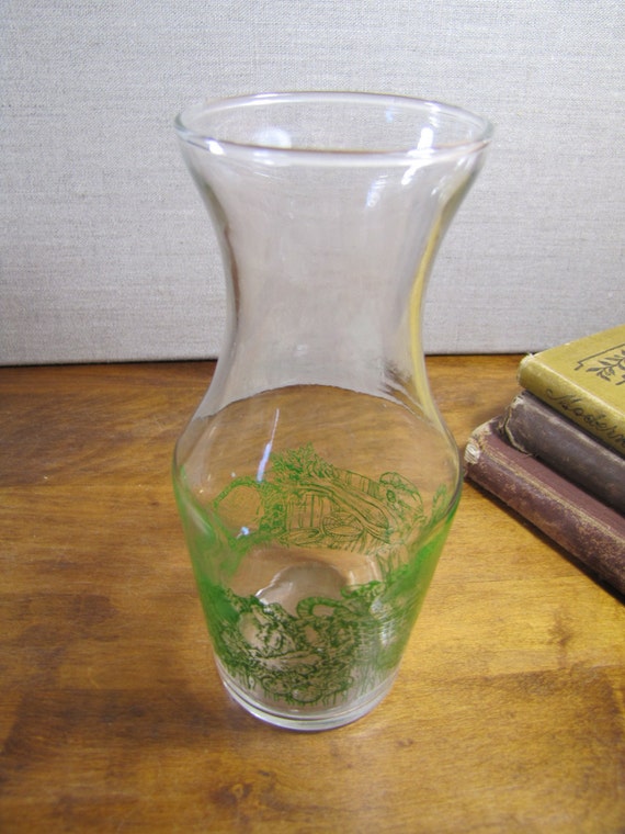 Small Glass Carafe Green Embossed Vegetables Dressing Mixing Jar