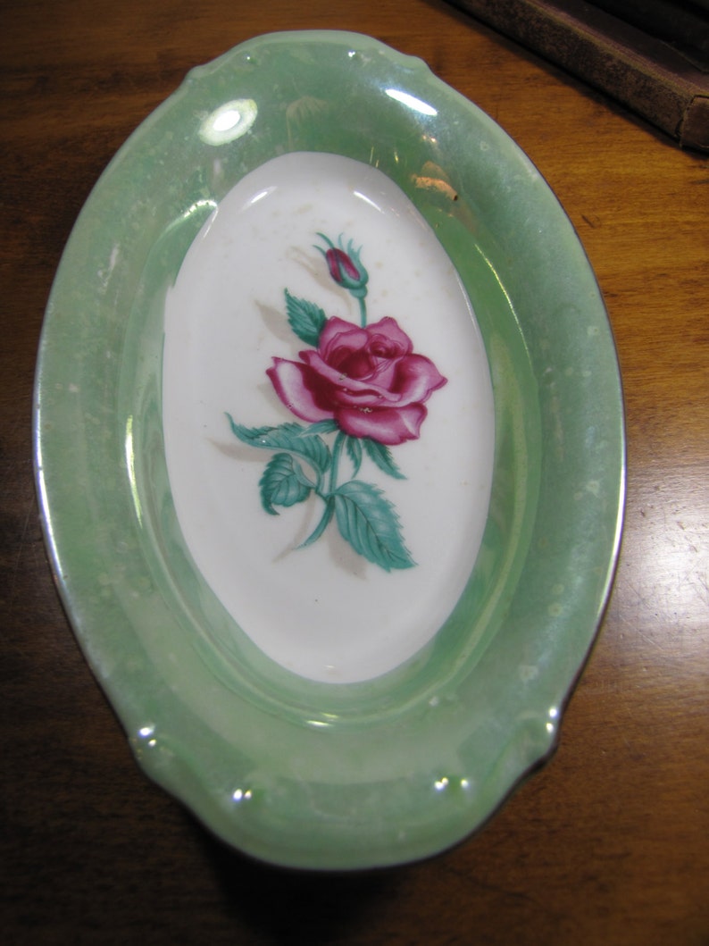Small Oval Serving Dish Green Lusterware Pink Rose Etsy