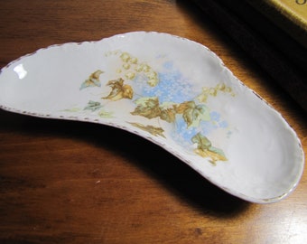 Vintage Porcelain Bone Dish - Brown Leaves and Blue Flowers - Made in Austria