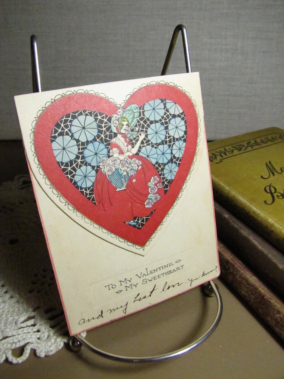Vintage Valentine Card - Red Heart - Lady With Flower Basket - Etsy