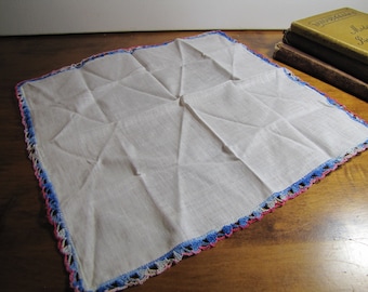 Vintage Ladies Handkerchief - Creamy White - Variegated Blue and Pink Crocheted Edging