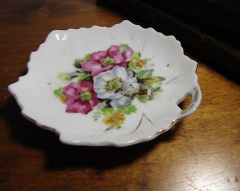Small Leaf Shaped Porcelain Dish - Pink and Grey Flowers - Gold Accent