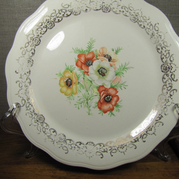 French Saxon China - Golden Poppy - Dinner Plate - Orange and Yellow Poppies - Gold Filigree Accent